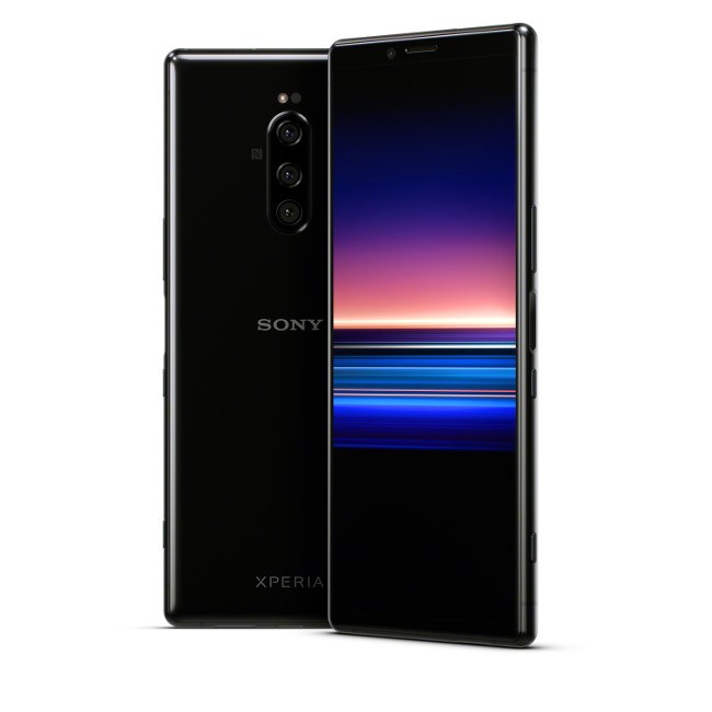 Two Sony Xperia 1 phones standing side by side with ribbons of light on the front screen.