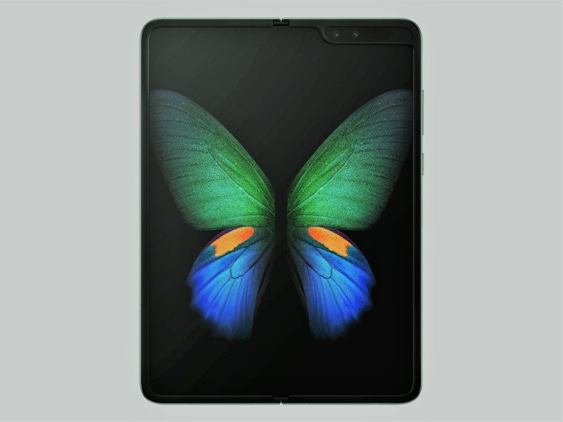 Hero shot of an opened up Galaxy Fold smartphone displaying a colourful butterfly.