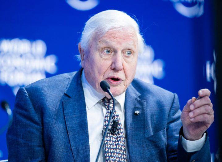 David Attenborough speaks about climate change on a World Economic Forum stage.