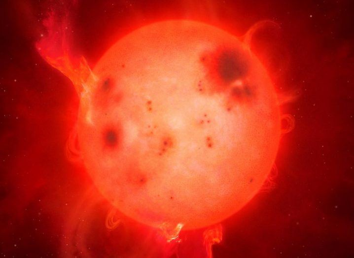Artist's impression of the orange-red L dwarf star erupting with a superflare.