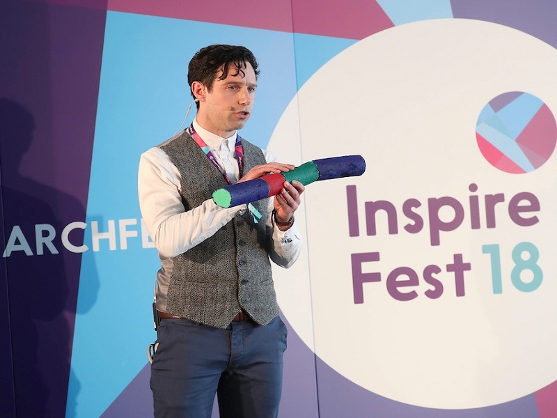 Researchfest 2018 winner Eoin Murphy on the second stage of Inspirefest 2018 presenting his research.