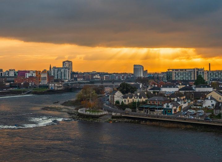 Aerial view of Limerick against a sunset sky.