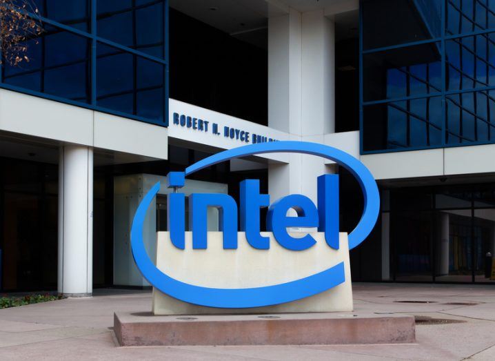 A sign bearing the Intel logo stands outside its corporate headquarters in Santa Clara, California.