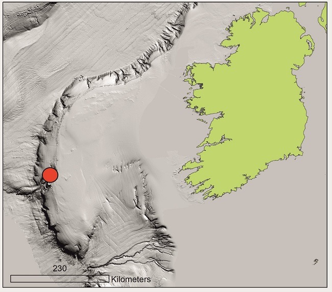 Map of Ireland and Porcupine Bank with a red dot showing where the plastic was found.