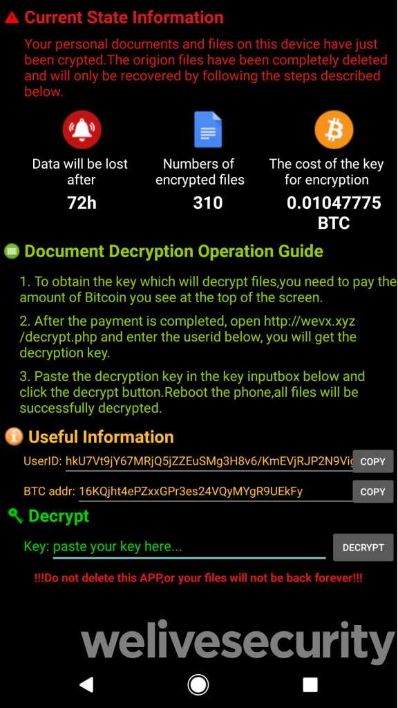 A screenshot of the ransomware displayed on an infected device.