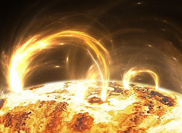 3D render of large solar flares erupting from the sun.