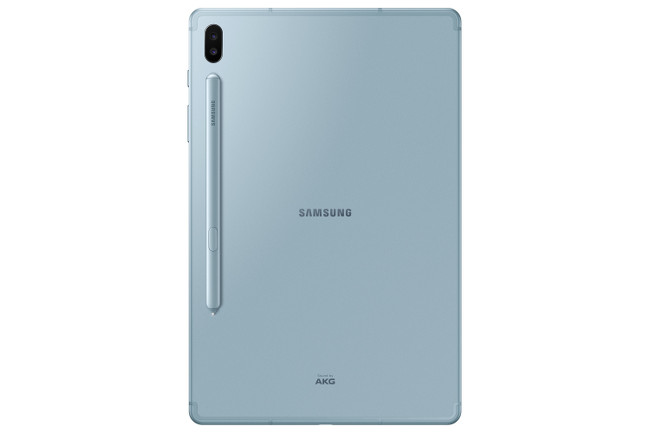 Rear view of the Samsung Galaxy Tab S6 with a stylus on the back.