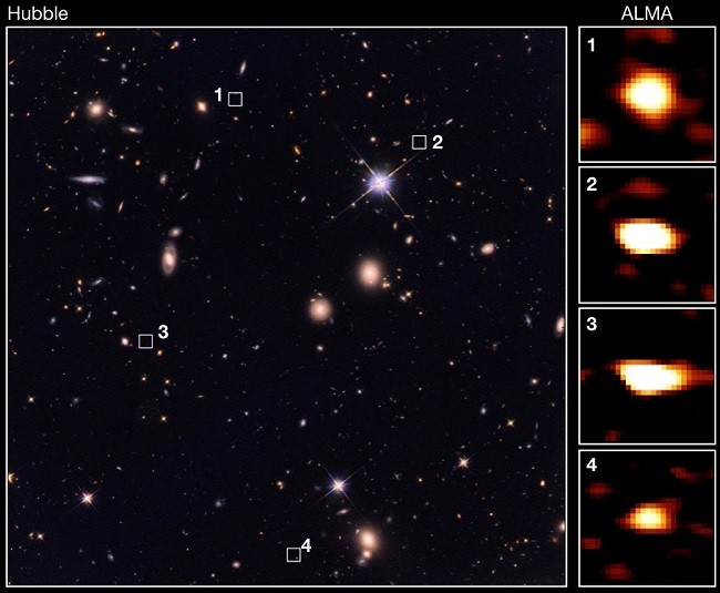 Image of the huge cluster of ancient galaxies and close-up photos on the right. 