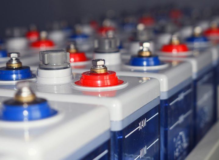 Rows of large batteries coloured red, blue and white.