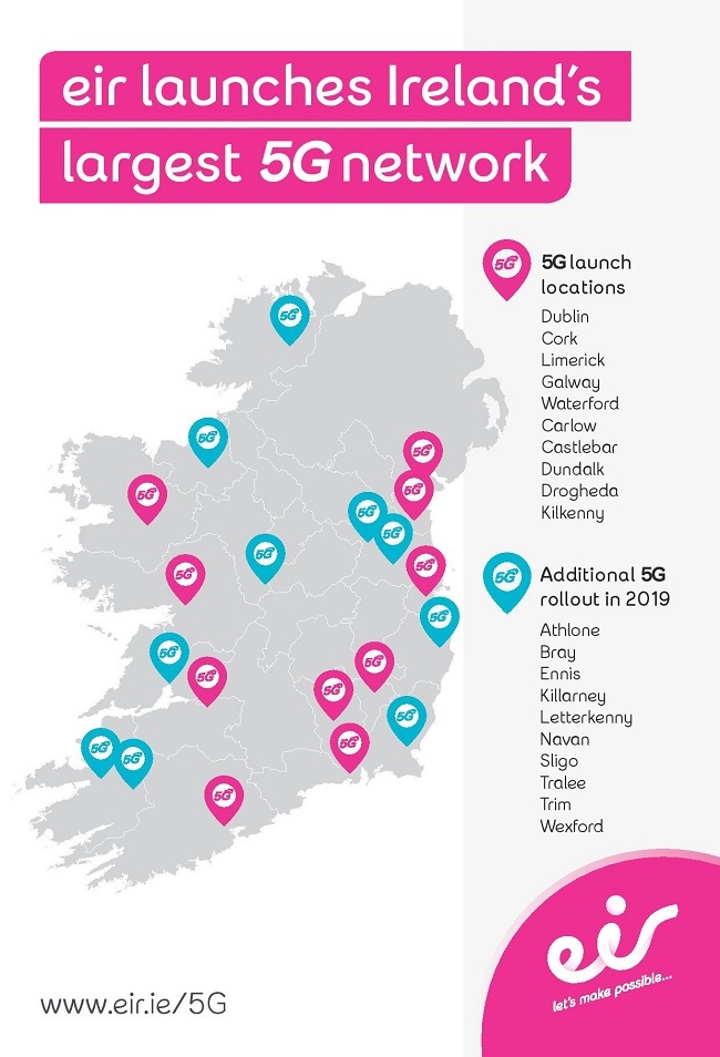 A map of Ireland showing current and future 5G site locations. 