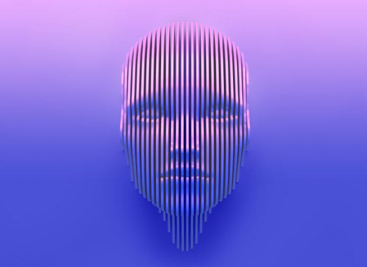 View of face of AI woman with digital stripes against purple ombre background.
