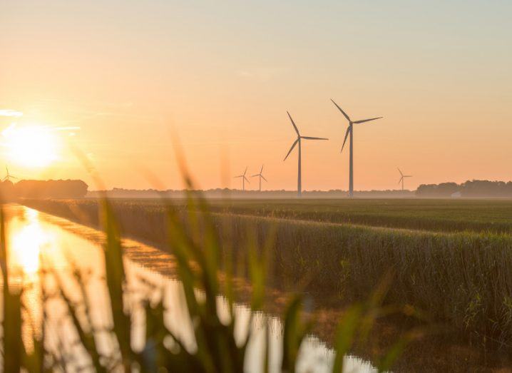 View of sunrise and windmills on horizon with a nearby canal edged with long grass.