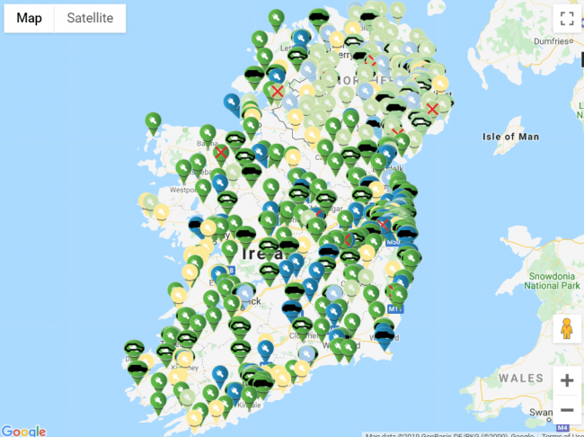 A Google Maps view of Ireland's EV charging infrastructure.