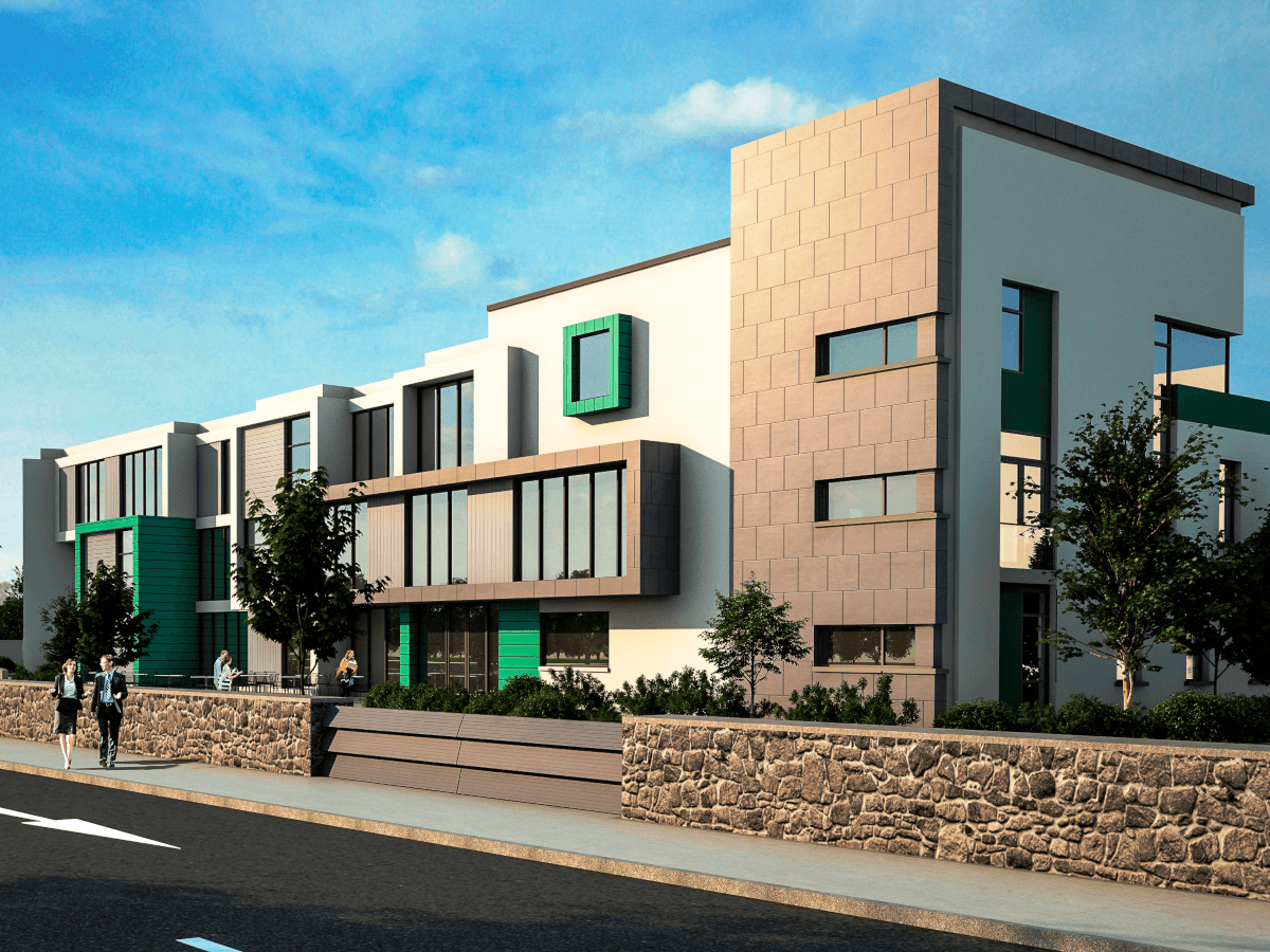 A digital rendering of a modern building. 
