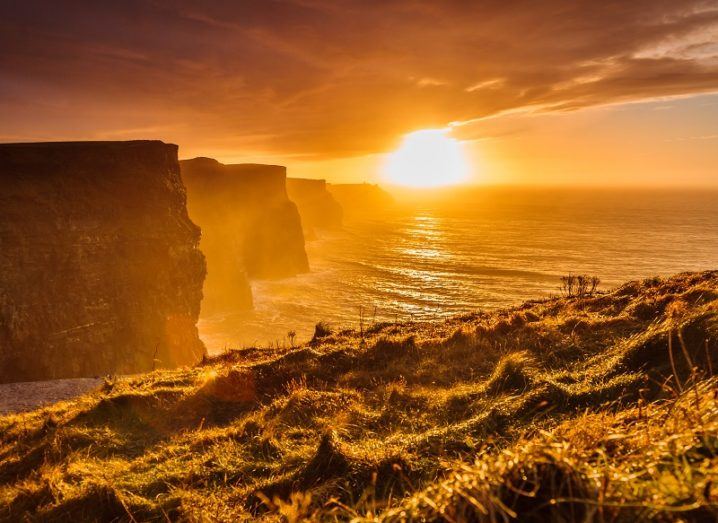 Looking over the Cliffs of Moher at sunset.