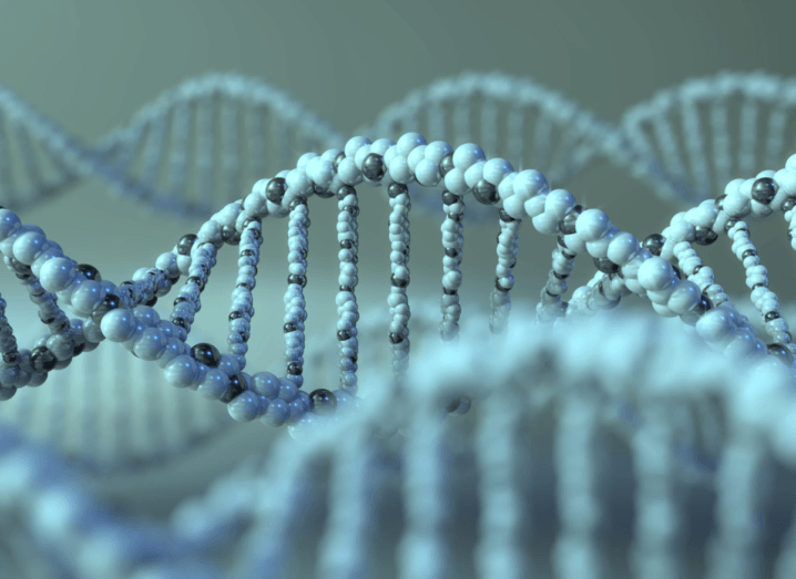 A 3D rendering of a DNA molecule. It is various shades of blue.