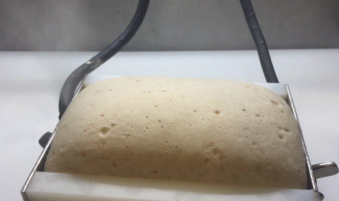 Gluten-free dough placed between two electrodes in a baking chamber. 