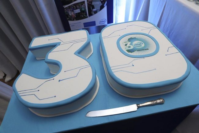 Large birthday cakes shaped like the numbers 3 and 0 and decorated in Intel’s trademark blue colouring.