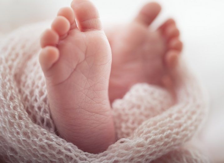 Close up of a newborn baby's feet wrapped in a blanket.