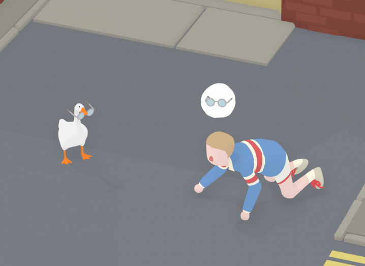 An animation of a goose holding glasses in its beak while an animated boy paws around the ground searchingly.