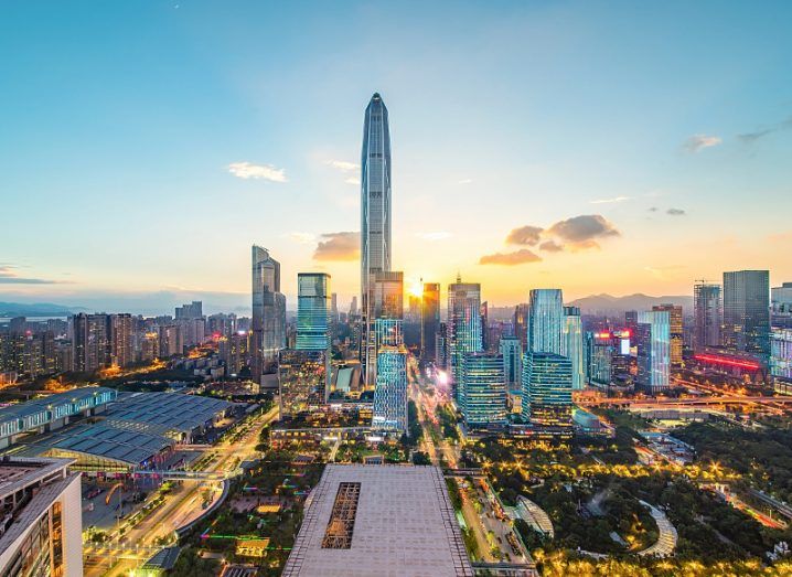 View of metropolitan skyline of Shenzhen in China on a bright day at sunrise.