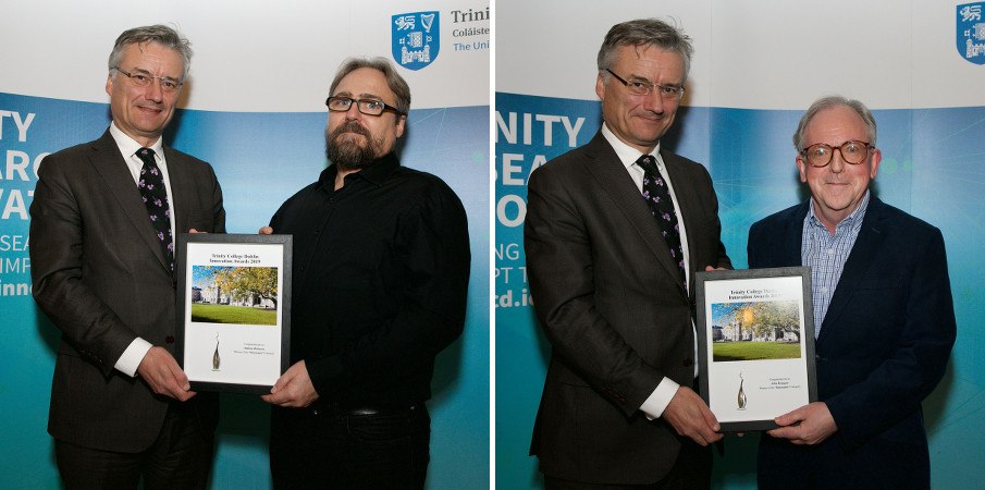Two images of awardees receiving framed certificates.