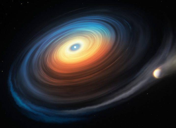Illustration of the white dwarf stripping away the mass of its Neptune-like exoplanet, creating a gas disc coloured red, blue and yellow.