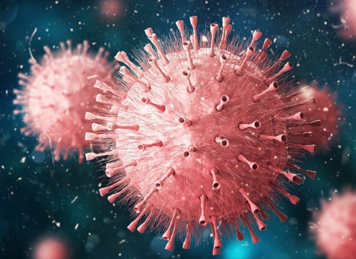 3D illustration of a virus, with pink molecules floating against a dark blue background.
