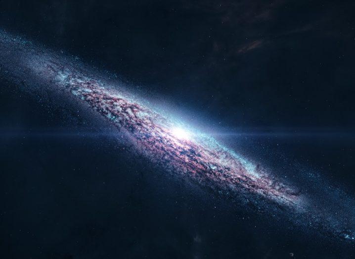 Rendered image of a spiral galaxy with a bright centre.