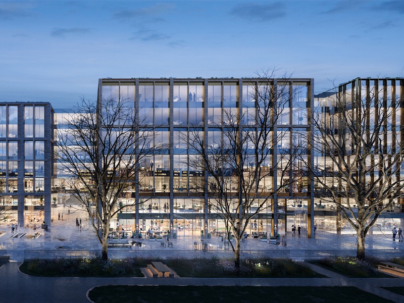 Design image of an office building, with multiple floors and glass windows throughout.