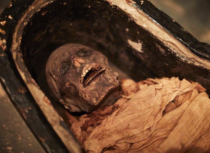 The mummified body of Nesyamun in his sarcophagus with his mouth open.