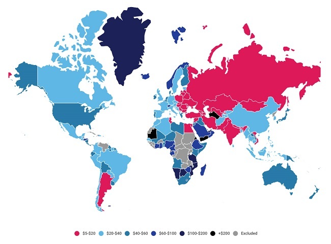 A world map showing the average price of broadband per country. 