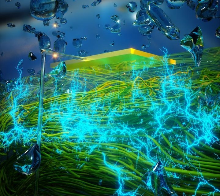 Illustration of green protein nanowires generating electricity from air moisture. 