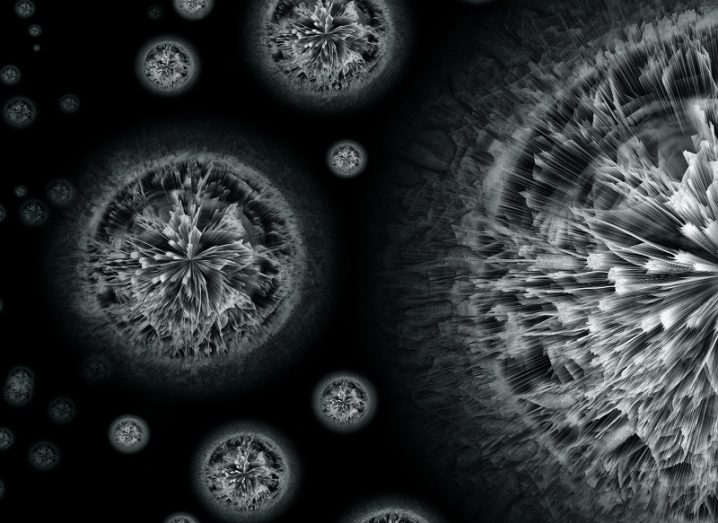 Abstract image of spherical, microbial life coloured white against a black background.