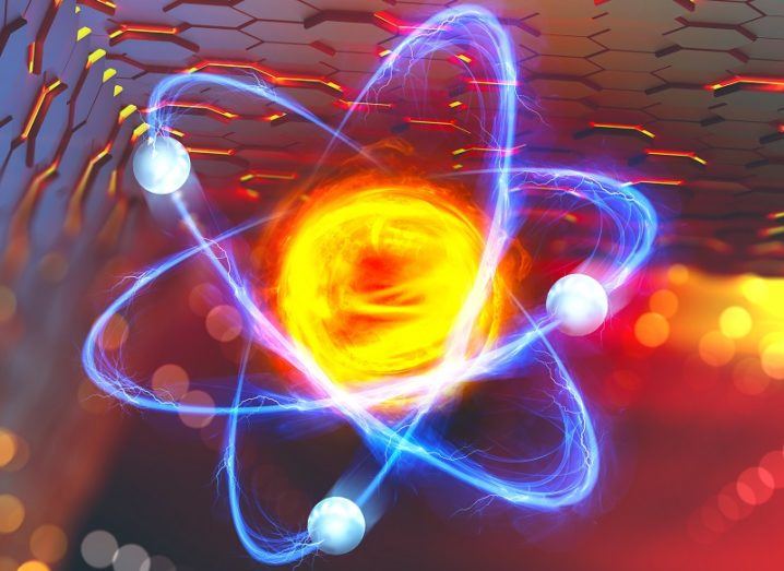 3D render of an atomic reaction in a nuclear reactor.