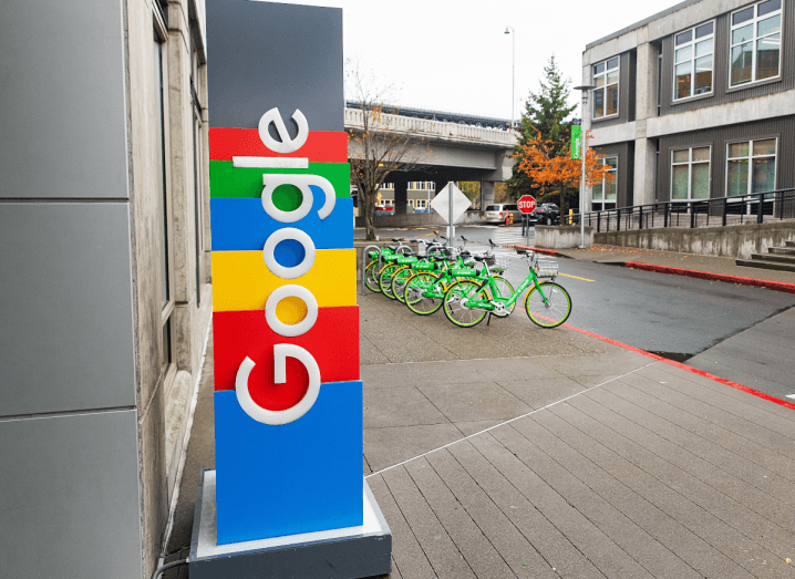The Google logo on a street outside an office building in Seattle.
