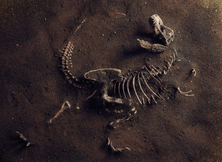 3D render of a dimly-lit fossilised T-rex in brown dirt.