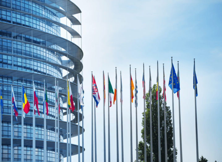 European flags in front of EU headquarters in Brussels.