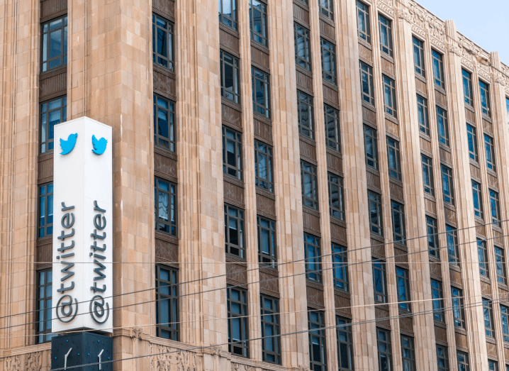 An office building with a sign bearing the Twitter logo out front.