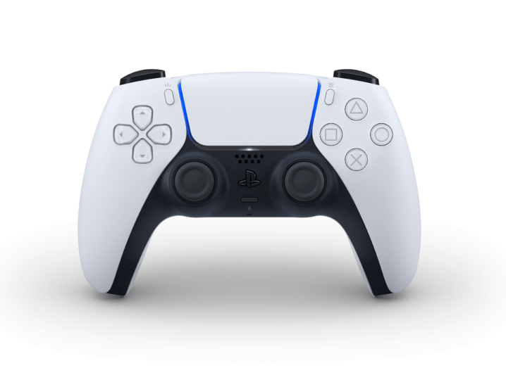 The DualSense controller, which is a white and black hand-held device.