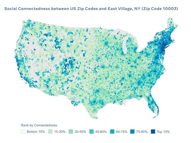 Map of the US showing social connectedness among American Facebook users.