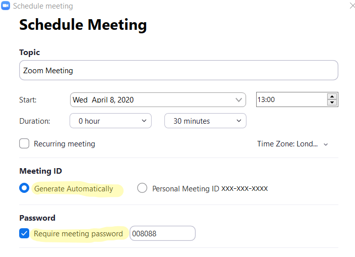 A screenshot of a pop up to schedule a Zoom meeting, showing a number of settings.