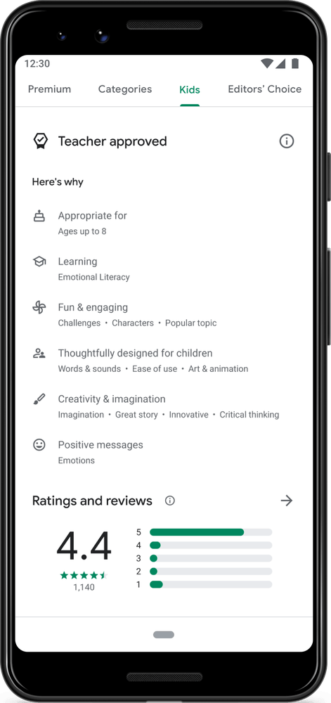 A screenshot outlining the positive features of a child-friendly app.