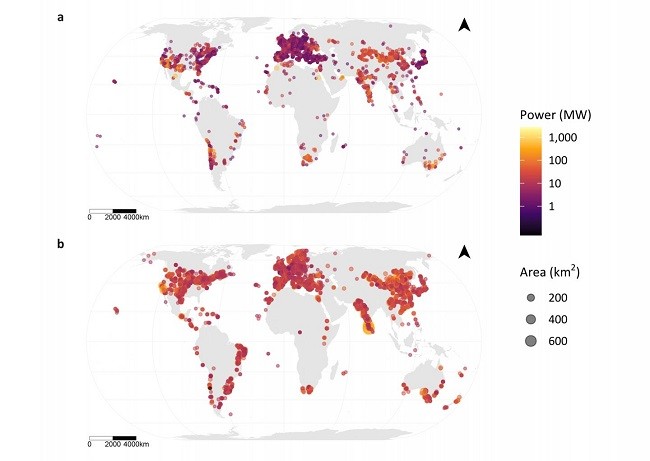 Global distribution of solar and wind farms showing power output and landscape area.