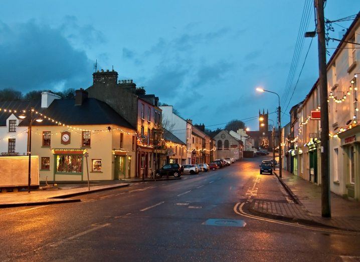 The main street of Ennistimon, Co Clare at night empty of traffic and people.