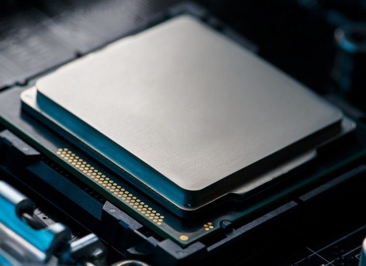 Close-up of a silver CPU in a computer.