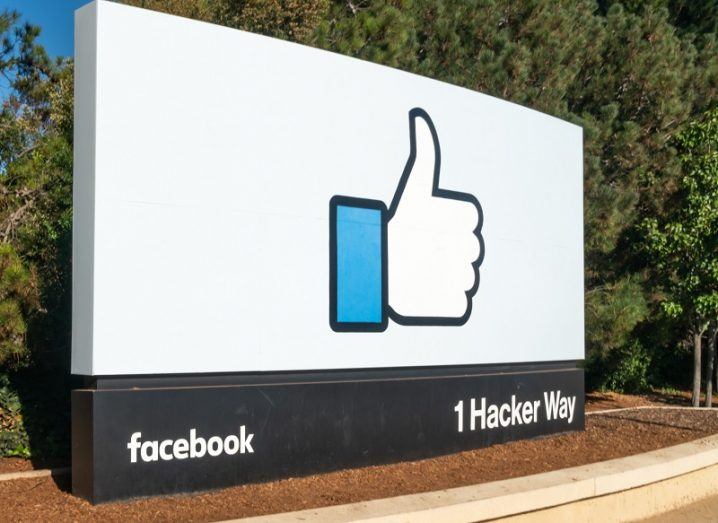 Facebook corporate headquarters sign with the thumbs-up emoji.