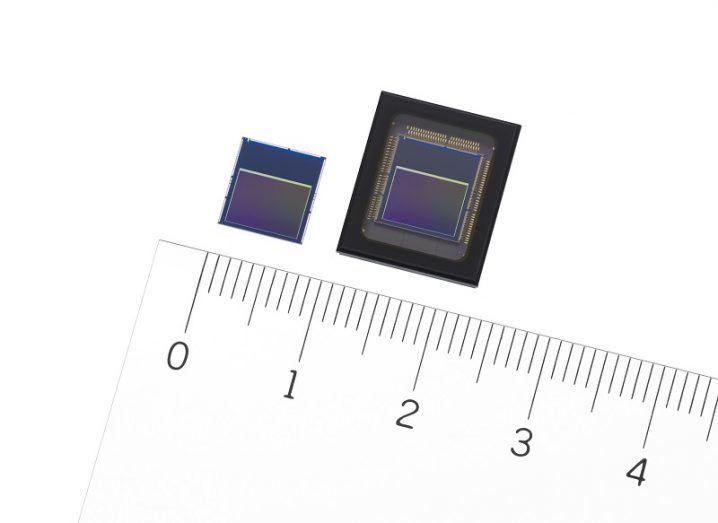 The two new Sony sensors side by side, being compared with a ruler showing them as being 2cm across combined.