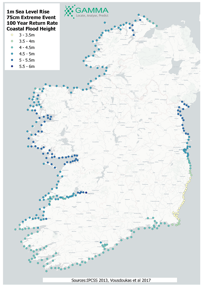 Map of Ireland showing points on the map where coastal flooding will be an issue.
