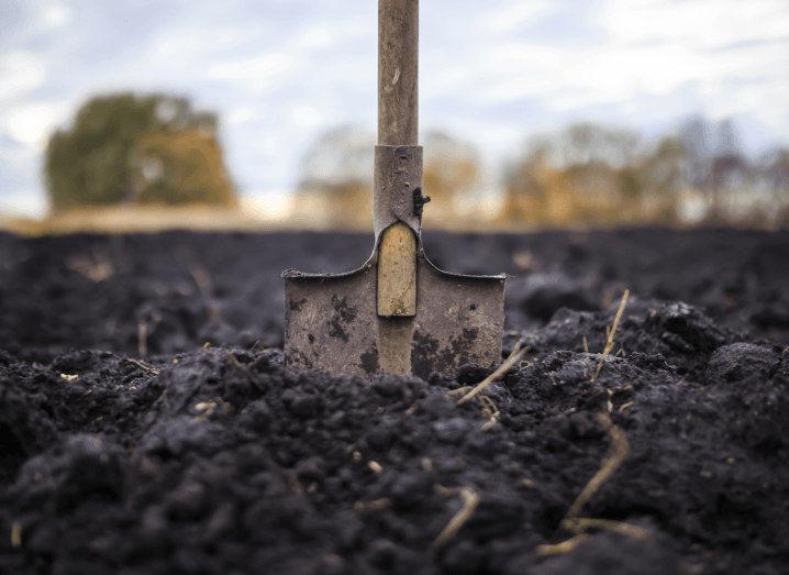 A shovel in soil, with trees in the background.